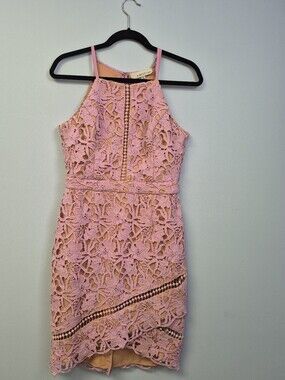 Adelyn Rae Pink Crochet Detail Dress with Nude Lining